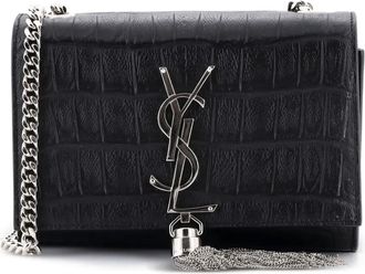 Saint Laurent Classic leren crossbodytas met monogram kwastje en krokodillen-reli&euml;f - Zwart