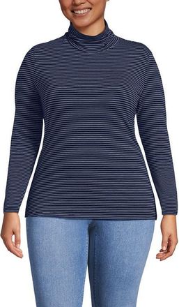 Lands End Lightweight Jersey Skimming Long Sleeve Turtleneck in Deep Sea Navy Thin Stripe at Nordstrom, Size 2X