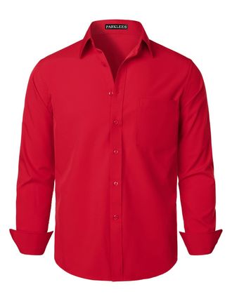 PARKLEES Mens Regular Fit Dress Shirt Solid Wrinkle-Free Long Sleeve Casual Business Button Up Shirts with Pocket PZSSCL05-Flame Red XXXL