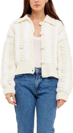 English Factory Premium Mixed Yarn Pompom Cardigan in Ivory at Nordstrom, Size Medium