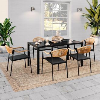 IDMarket Conjunto De Muebles De Jard&iacute;n Madeira Mesa 150 Cm Y 6 Sillas Cordaje Negro Y Textilene Y Rattan Claro