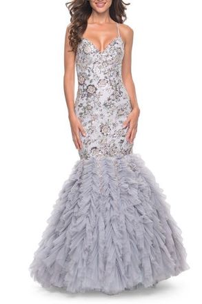 La Femme Mermaid Beaded Floral Gown with Ruffle Detailed Skirt in Silver at Nordstrom, Size 6