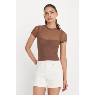 Good American Womens Mesh Baby T-Shirt | Saddlewood, Size Medium | Good American by Khlo&Egrave; Kardashian