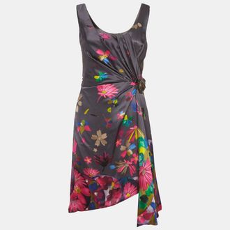 Versace Grey Floral Print Silk Draped Mini Dress