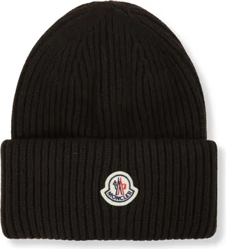 Moncler Geribbelde muts met logo - Heren - Accessoires - Bruin - Maat: ONE Size Zijde