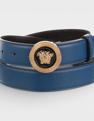 Versace Mens Medusa Leather Belt Navy Blue Black - Size: 105CM