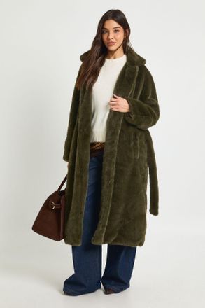 Boohoo Womens Longline Belted Faux Fur Jacket - Green - Size 10 UK