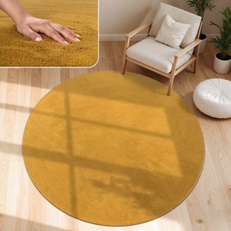 Paco Home Paco Home Alfombra Moderna Para Sal&oacute;n A Pelo Corto Lavable Suave Uni Efecto Piel Antideslizante Amarillo, &Oslash; 200 Cm Redon
