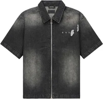 Rta Zeno Distressed Short Sleeve Denim Zip Shirt in Fray Noir at Nordstrom, Size Xx-Large