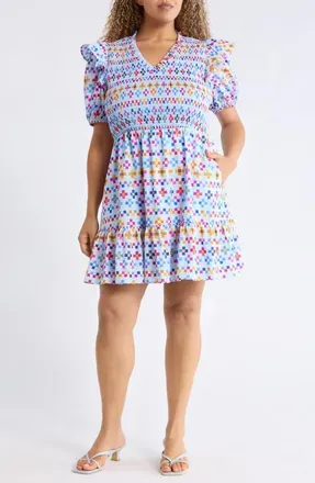 Sugarlips Kessa Geo Leones Smocked Minidress in Lt-Blue-Mult at Nordstrom, Size 1X