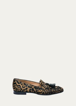 Santoni Leopard Calf Hair Tassel Loafers