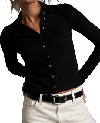 perfectwhitetee Amee Luxe Rib Button Up Polo Top In True Black