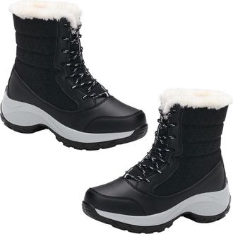 Yardwe WomenS Faux Lined Winter Snow Boots Lace-Up Mid-Calf Warm Platform Booties Non-Slip Outdoor Shoes for Cold Weather and Daily Wear Black