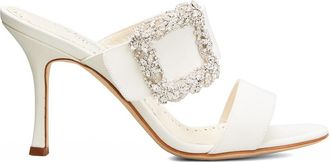 Manolo Blahnik Gable Silk Crystal Buckle Slide Sandals, Cream