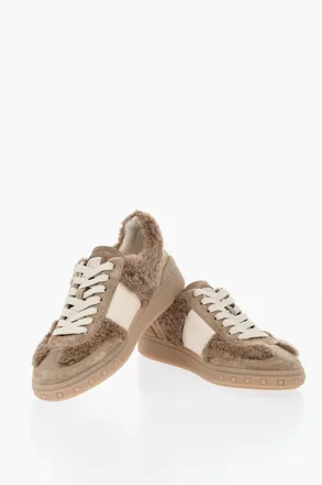 Valentino Lace-Up Suede Sneakers With Shearling Inserts Valentino