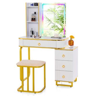 Costway RGB Vanity Table Set Bedroom Dressing Table w/ Mirror & Lights-White
