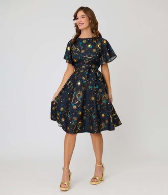 Unique Vintage 1930s Swing Dress in Black Celestial Print at Nordstrom, Size X-Large