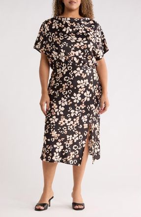 Renee C Floral Short Sleeve Satin Midi Dress in Black at Nordstrom Rack, Size 3 X