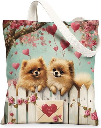 Generic Valentines Day Pomeranian Dog Canvas Tote Bag for Shopping 13x15, Farm Couple Puppy Reusable Grocery Print Pattern Bag for Women, Pet Beach Aesthetic 