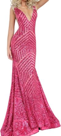 Jovani Sequin Embellished V-Neck Dress In Fushia