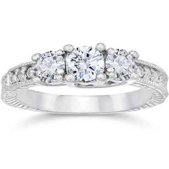Pompeii3 1 Carat Vintage 3-Stone Diamond Engagement Anniversary Ring 10k White Gold Size Selectable