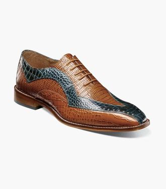 Stacy Adams Tallero V-Tip Oxford Mens Tan Croco Print Dress Shoes HTAT1175