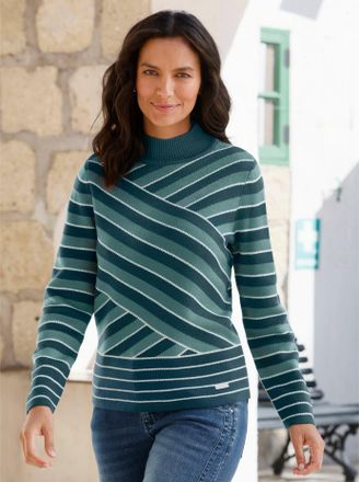 Casual Looks Stehkragenpullover CASUAL LOOKS Stehkragen-Pullover, Damen, Gr. 38, gr&uuml;n (jade, ecru, geringelt), 80% Polyacryl, 20% Baumwolle, gemustert, gestreift, 