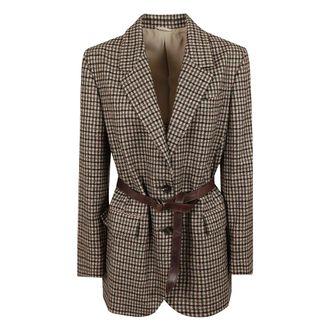 Brunello Cucinelli Blazer con cintur&oacute;n y estampado de cuadros - Jackets - Mujer - Beige - L