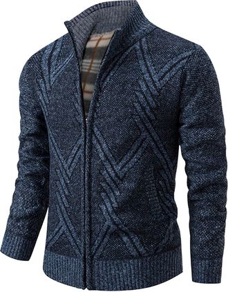 Generic Mens Cardigans with Pockets-Knitted Chunky Cardigan with Full Front Zipper Autumn Winter Thick Sweater Outwear Mens Full Zip Cardigan Sweater Blue