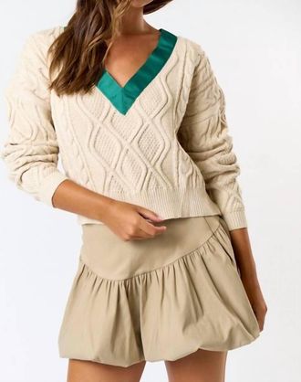 Blue Blush Ribbon Knit Sweater In Green/oatmeal