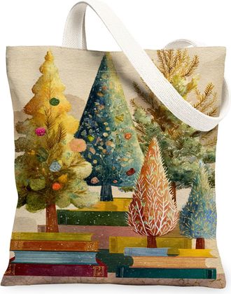 Generic Vintage Artistic Canvas Tote Bags, Colorful Trees Pattern Reusable Grocery Bags, Holiday Lightweight Washable Shoulder Stra, Multicolor, 13x15 Inch