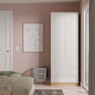 Lewis's Milan Tall 2 Drawer Double Wardrobe in White Gloss & Bardolino Oak - Ready Assembled - Lewiss Home | TJ Hughes