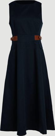 Karen Millen Womens Tailored Linen Tab Waist Detail Full Skirt Midi Dress - Navy Lyocell - Size 14 UK