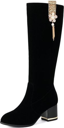Generic Womens Fashion Faux Suede Knee High Wide Calf Round Toe Block Heel Stretch Winter Motorcycle Shoes with Side Zipper (Black,5.5)