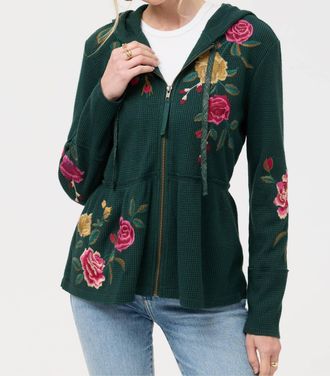 Johnny Was Peplum Metallic Thermal Hoodie In Metallic Emerald