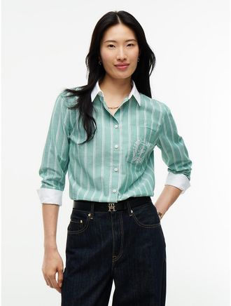 Tommy Hilfiger Womens Embroidered Crest Striped Oxford Shirt - Nouveau Green - XL