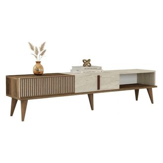 Dmora Mueble Tv Sicoli, 2 Puertas, Apertura Abatible, 3 Compartimentos, 180x35x40h Cm Beige M&aacute;rmol