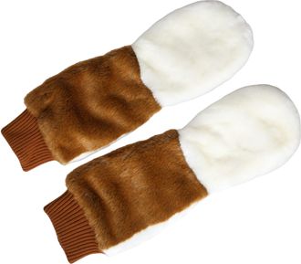 Dolce & Gabbana Brown White Acrylic Knitted Fur Mitten Womens Gloves
