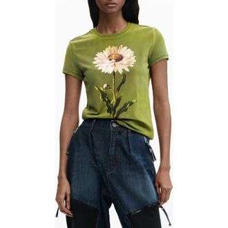 Desigual Floral Cotton Graphic T-Shirt in Military Green at Nordstrom, Size X-Small