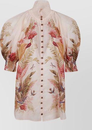 Zimmermann ramie printed high-neck short-sleeve blouse