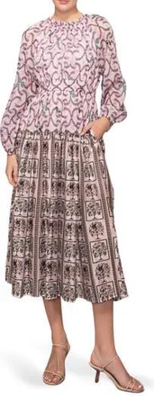 Melloday Printed Shirred Midi Dress in Lilac Multi at Nordstrom Rack, Size X-Small