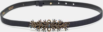 Oscar De La Renta Oscar De La Renta Dark Blue Satin Crystal Embellished Bow Slim Belt