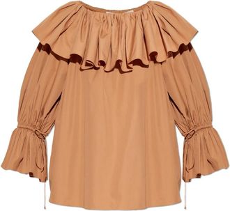 Chlo&eacute; Top met wijde pasvorm en ruches - Dames - Blouses - Bruin - XS - Katoen - Overhemden