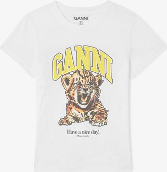Ganni White Baby Fit T-shirt with Tiger - Size XXS Organic Cotton