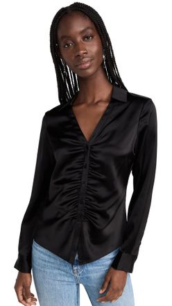 Theory Womens Ruched Button Down Shirt, Black, M