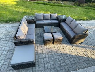 Fimous 12 Seater Rattan Outdoor Furniture Set Patio Garden Sofa Set with Square Coffee Table 3 Seater Sofa 2 Side Tables in Dark Grey