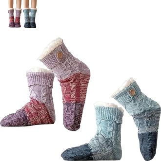 Generic Knitted Ultra-thick Slipper Home Socks, Ultra-Thick Cashmere Slipper Home Socks, with Grips, Warm Comfort for Women (2pcs red&blue)