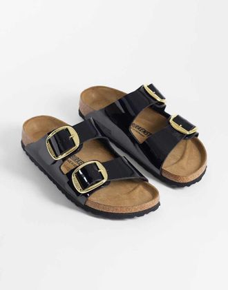 Birkenstock Arizona - Sandali in pelle verniciata neri con fibbie grandi-Nero