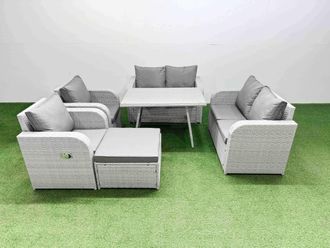 Fimous 7 Seater Rattan Garden Furniture Set Outdoor Love Sofa Set in Light Grey