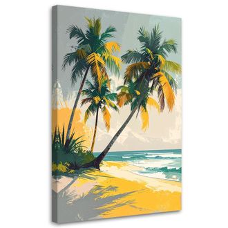 Feeby Cuadro Sobre Lienzo, Playa Tropical Con Palmeras En Tonos Verde Y Amarillo, 70x100